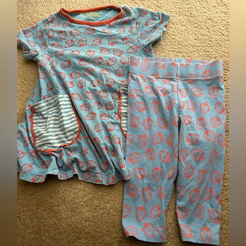 Mini Boden Girl's 4-5 Blue Strawberry Short-Sleeved Tunic Dress and Bottoms set